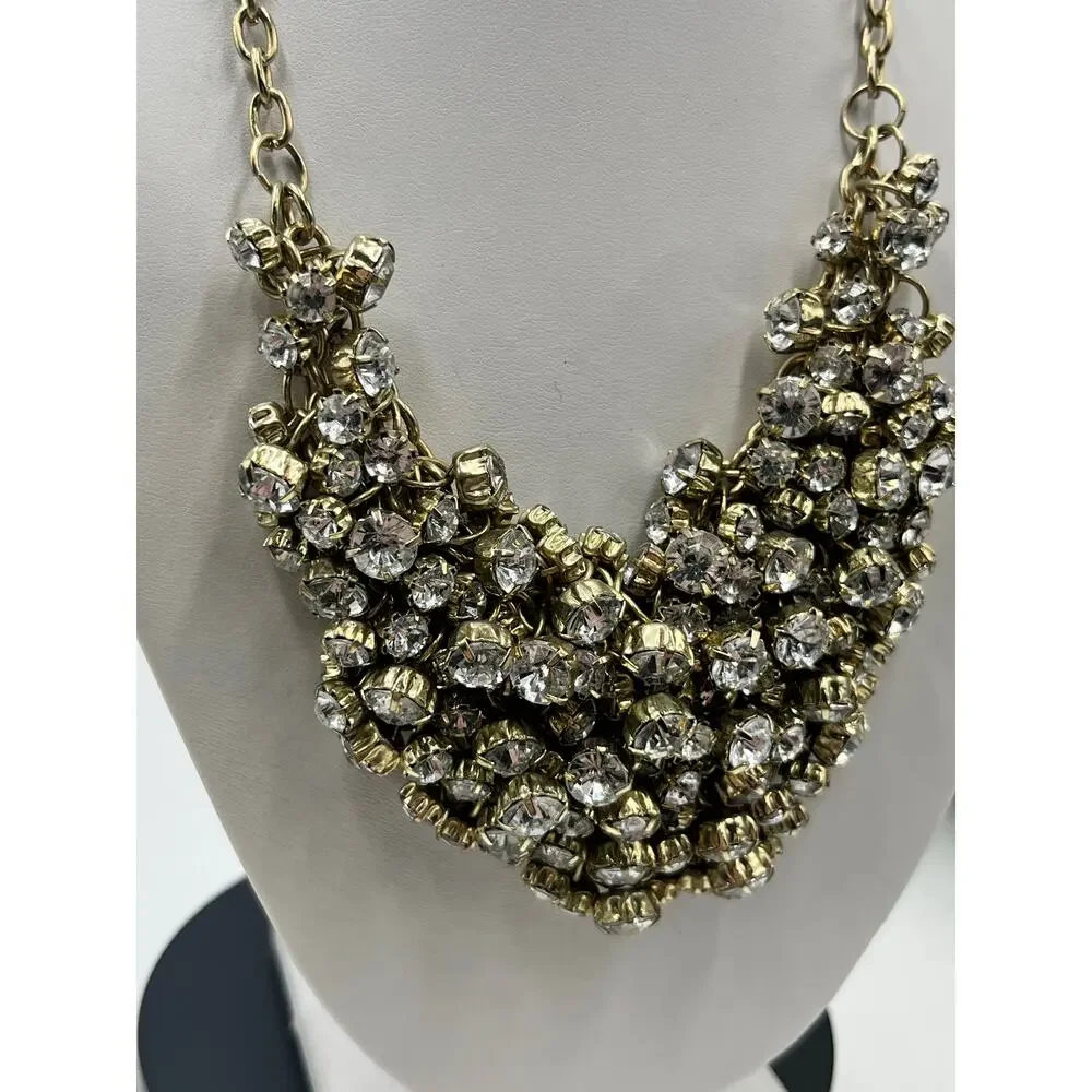 J. Crew Antique Gold Tone Prong Set Rhinestone‎ Cluster Bib Statement Necklace